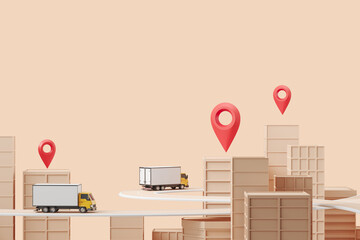 Truck and city buildings with location pin, courier. Copy space