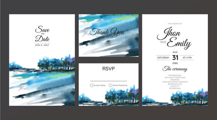 wedding invitation with mountain view watercolor background..