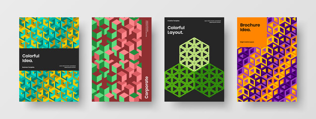 Trendy geometric hexagons postcard template composition. Original booklet A4 design vector layout bundle.