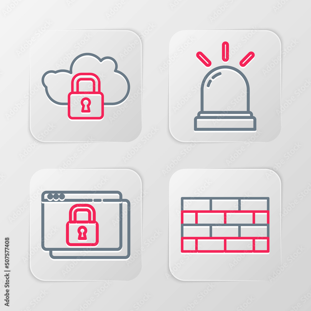Poster set line firewall, security wall, secure your site with https, ssl, motion sensor and cloud computin