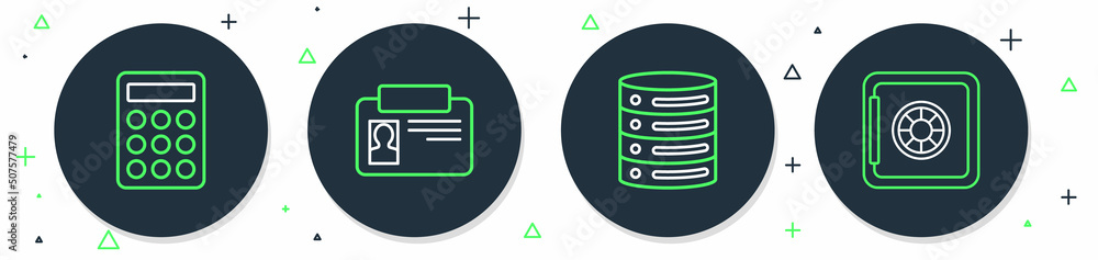 Poster set line identification badge, server, data, web hosting, password protection and safe icon. vector