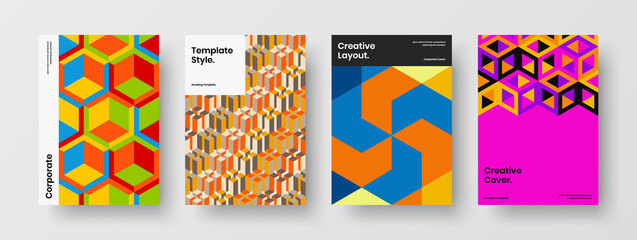 Vivid mosaic pattern company brochure concept collection. Simple banner A4 vector design template composition.