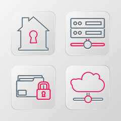 Set line Network cloud connection, Folder and lock, Server, Data, Web Hosting and House under protection icon. Vector