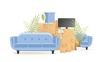 Lots of boxes and stuff. Moving house concept. Isolated on white background. Illustration in vector