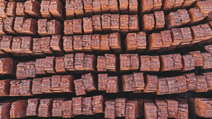 Pallets of bricks for construction. Outdoor storage. Warehousing of large quantities of bricks. Aerial view