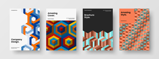Unique pamphlet A4 vector design template bundle. Creative geometric hexagons flyer illustration set.