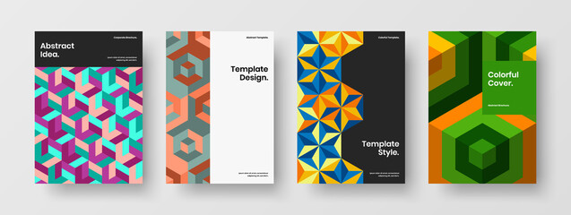 Modern annual report A4 vector design illustration bundle. Minimalistic mosaic tiles magazine cover concept set.