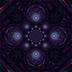 Abstract lines of colorful space on black background layer.  Kaleidoscope style, seamless pattern, geometry and spiral
