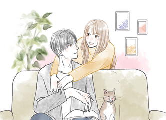 リビングでくつろぐカップル　後ろから抱きつく女性