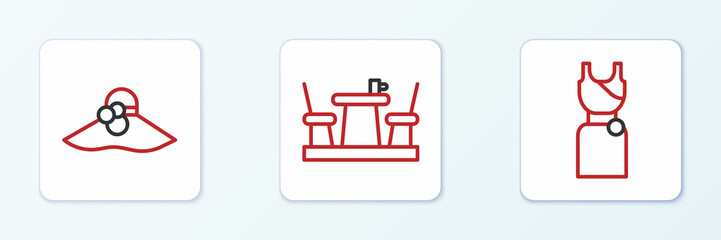 Set line Woman dress, Elegant women hat and French cafe icon. Vector