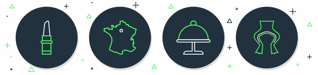 Set line Map of France, Covered with tray, Lipstick and Frog legs icon. Vector