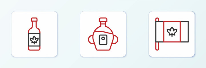 Set line Flag of Canada, Beer bottle and Maple syrup icon. Vector