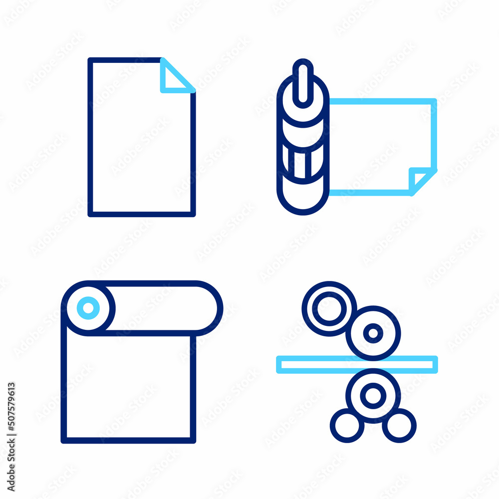 Poster set line paper roll of printing press, roll paper, and empty document icon. vector