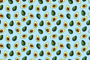 Blue and green avocado fruit pattern collage illustration background textile design