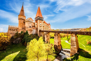 Corvin Castle with wooden bridge, Hunedoara, Hunyad Castle,  Transylvania, Romania, Europe.
