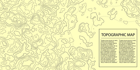 Topographic map background. Geographic abstract patterns grid. The topo contour map with stylized height. Mountain trail terrain, terrain path. Old yellow Background. Vector illustration.
