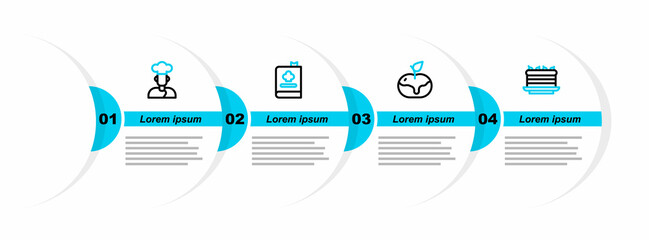 Set line Cake, Apple in caramel, Cookbook and icon. Vector