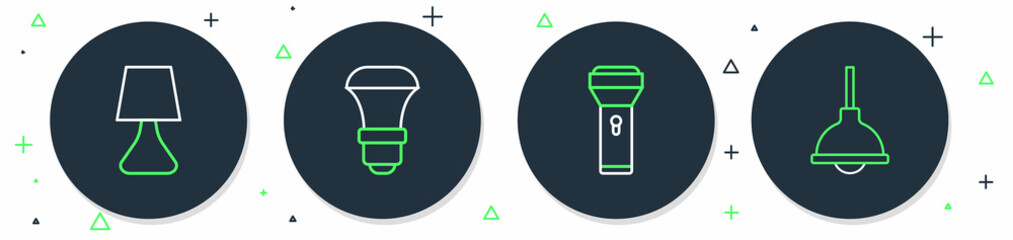 Set line LED light bulb, Flashlight, Table lamp and Lamp hanging icon. Vector