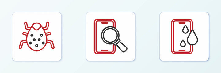 Set line Waterproof phone, System bug and Phone repair service icon. Vector