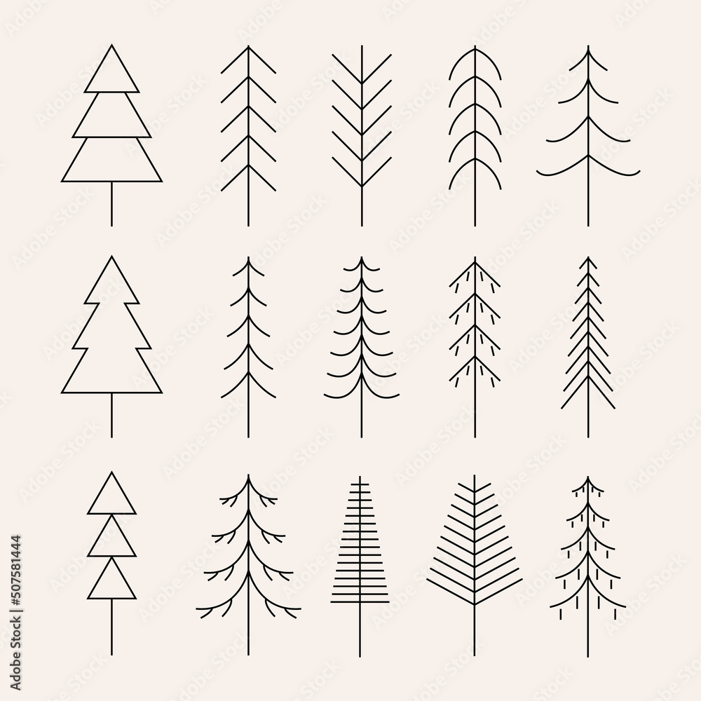 Wall mural Set of Minimal line art pine tree icon creative design