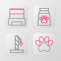 Set line Paw print, Cat scratching post, Bag of food for pet and Dog shit bag icon. Vector