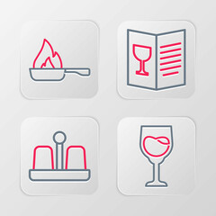 Set line Wine glass, Salt and pepper, Restaurant cafe menu and Frying pan icon. Vector