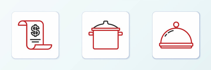 Set line Covered with tray, Paper or financial check and Cooking pot icon. Vector