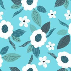 Seamless floral pattern based on traditional folk art ornaments. Colorful flowers on color background. Scandinavian style. Sweden nordic style. Vector illustration. Simple minimalistic pattern