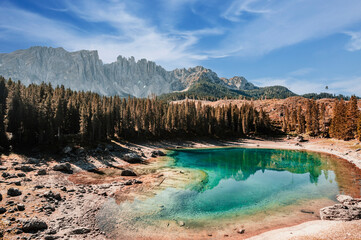 Landscape of Lake Carezza, Karersee with Dolomites, Nova Levante, Bolzano, Italy. Majestic...