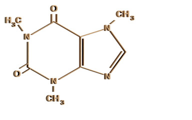 The chemical formula of coffee caffeine isolated from the background.