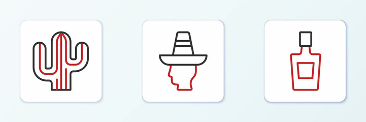 Set line Tequila bottle, Cactus and Mexican man sombrero icon. Vector