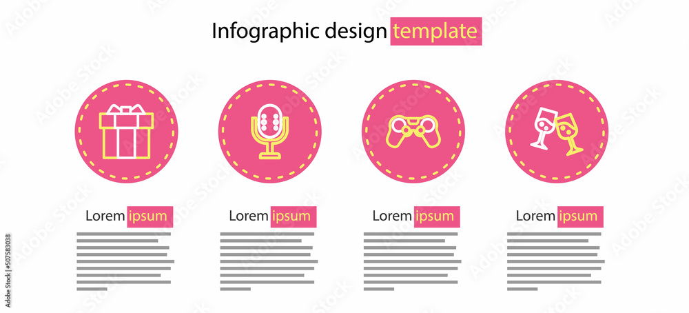 Poster Set line Gamepad, Glass of champagne, Microphone and Gift box icon. Vector