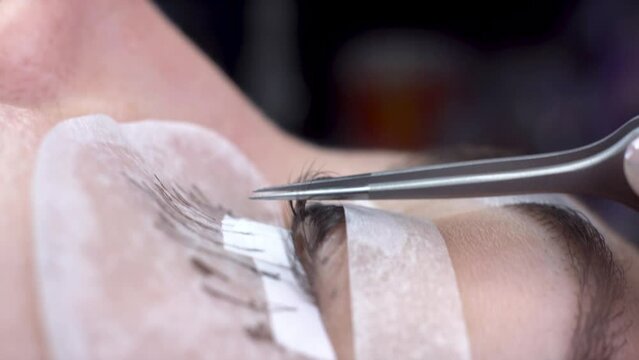 Eyelash care procedures lamination and eyelash extensions. the master spreads the eyelashes with tweezers and pastes artificial