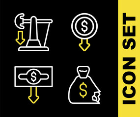 Set line Dollar rate decrease, Money bag, and Drop in crude oil price icon. Vector