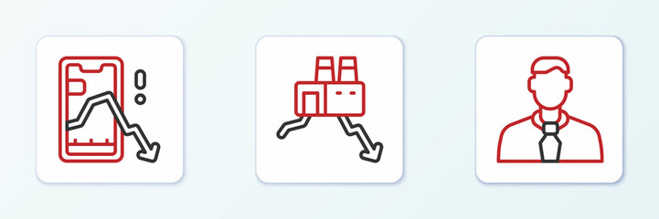 Set line Worker, Mobile stock trading and Shutdown of factory icon. Vector