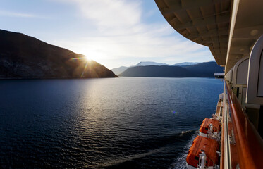 View of shoreline from Cruise Ship at sunset