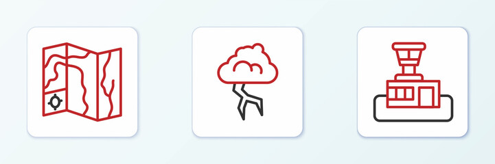 Set line Airport control tower, World travel map and Storm icon. Vector
