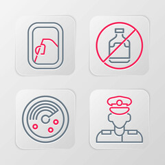 Set line Pilot, Radar with targets on monitor, No alcohol and Airplane window icon. Vector
