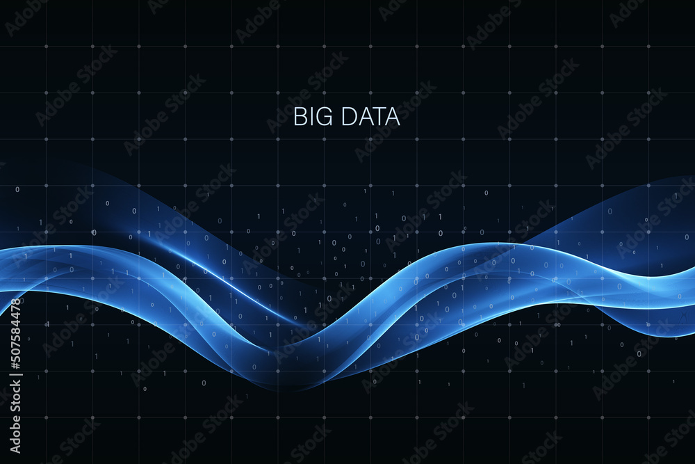 Poster dynamic blue wave of lines. abstract visualization of big data. digital flow structure.