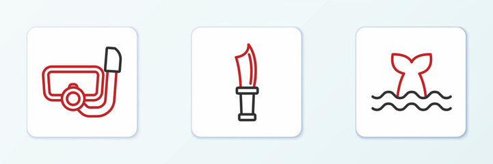 Set line Whale tail, Diving mask with snorkel and knife icon. Vector