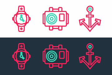 Set line Anchor, Diving watch and Photo camera for diver icon. Vector