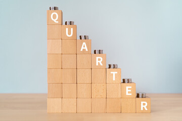 4分の1・クオーターのイメージ｜「QUARTER」と書かれた積み木とコイン - obrazy, fototapety, plakaty