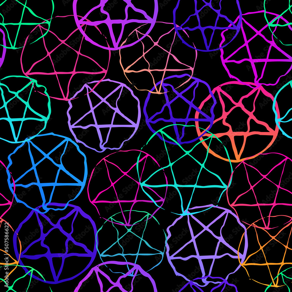 Canvas Prints seamless pattern of neon pentagrams on black background