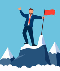 Businessman climbed to the top of the mountain.Businessman standing proud on top.A successful man red flag on mountain peak.Vector flat illustration.