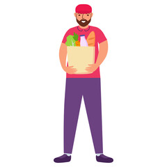 Delivery man holds grocery paper bag.Food delivery service.Vector flat illustration.Courier boy deliver holding pack with fresh long loaf,carrots, milk.Isolated on white background.
