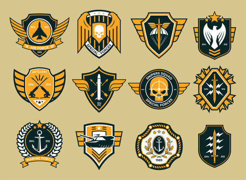 Military stripes, emblems, badges. Signs of different types of troops, ranks. Vector illustration