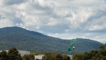 Construction crane and building among the trees. Forest encroachment city concept. Time-lapse with zoom in.