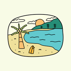 beach and surfboard on the beach for badge, sticker, patch, t shirt design, etc