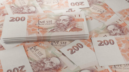 Money of Czech Republic. Czech koruna bills. CZK banknotes. 200 Kc. Business, finance, news background. 3d illustration.