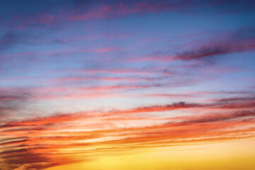 Bright and saturated sky with illuminated cirrus clouds as background or copy space
